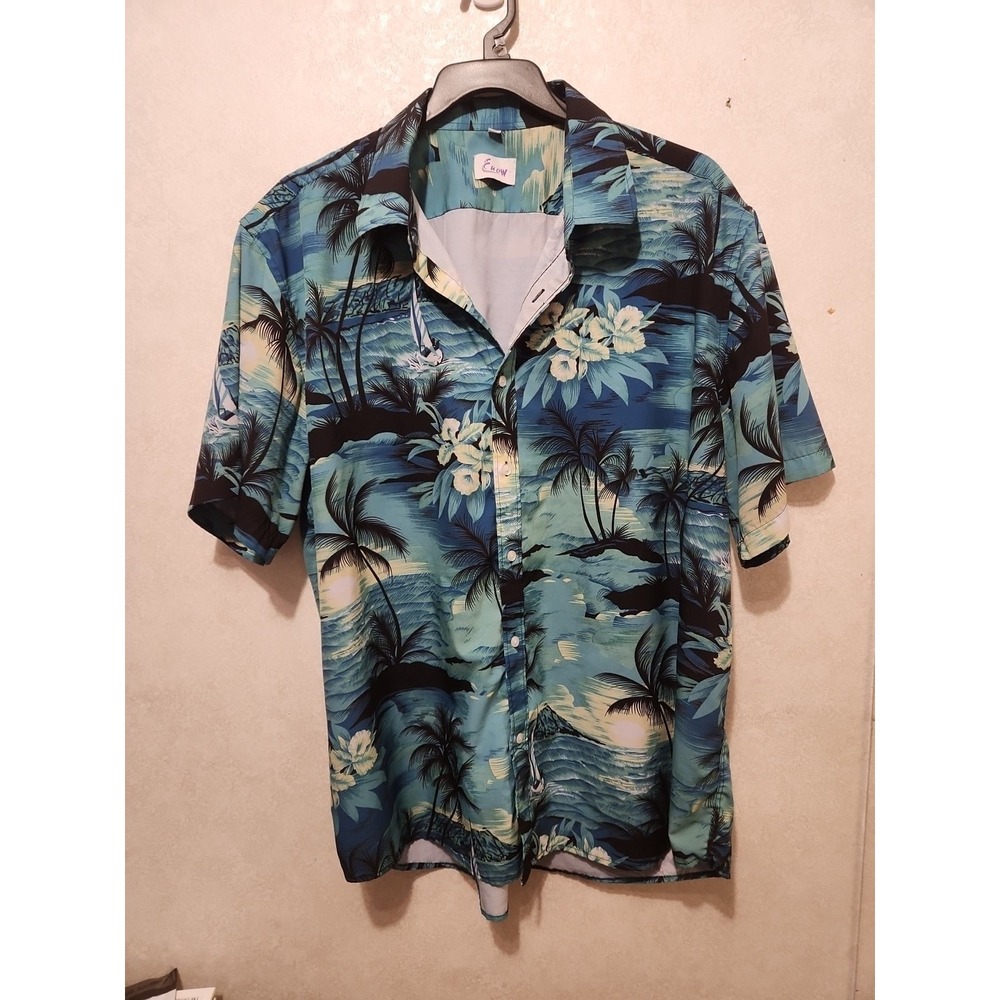 Euow Hawaiian Shirt Mens XXL Green Blue All Over Print Aloha  Beach Casual Camp